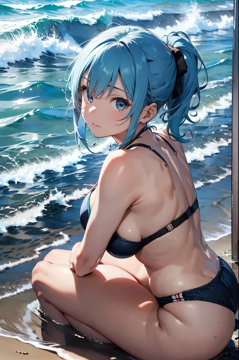 High resolution,topless、
One beautiful young woman,Light blue hair、ponytail、
(Soft Saturation:1.3), (Fair skin:1.2),
(ultra-Detailed Background, Detailed Background), Bokeh,
break&#39;Portrait of a smiling girl.,
When viewed from the front, The composition...