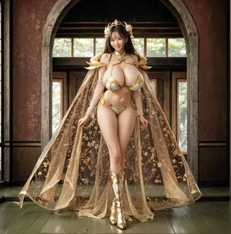 Chiharu Shida, Female warriors, Long-haired girl，Shy and embarrassed expression,  Light smile，Full body armor, Full body armor, Beautiful fantasy queen, Strong busty princess, extremely detailed goddess shot, Golden cape, metal boots, cinematic goddess bod...