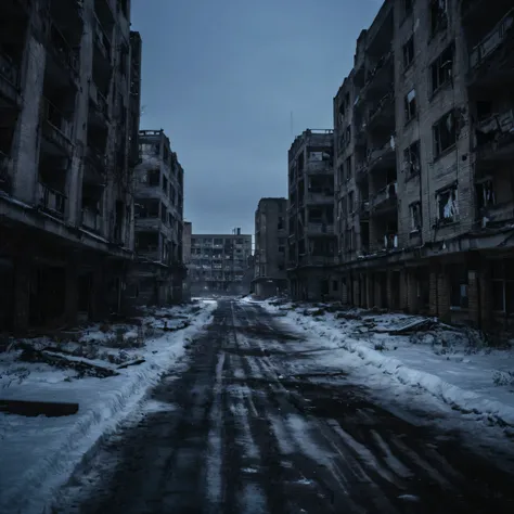 cinematic photo of an abandoned city, winter, scary, frowning, darkness, extremely detailed, granularity