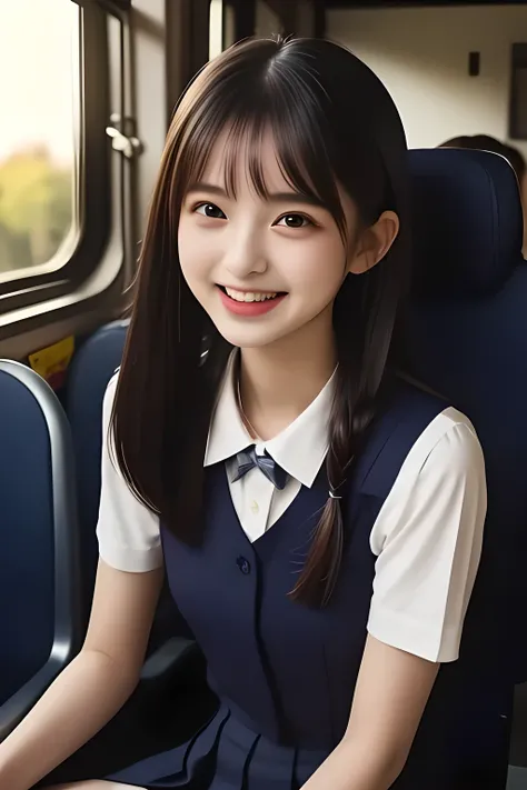 (highest quality, masterpiece, high resolution:1.2), 4K, (Photo quality detailed cute face: 1.4), (Giorgione painting style: 0.8), geometry, (14 yo cute girly Japanese girls are seated and looking ME up in a train: 1.4), (A special train seats made from th...