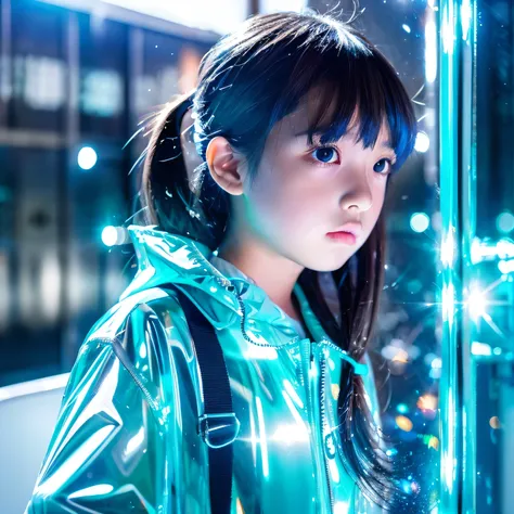 girl,10yo, Anime, Looking at Viewer, Bubbles, Highly detailed, Reflective Transparent, Iridescent Opaque Jacket, Long Transparent Iridescent RGB Hair - ar 3:2