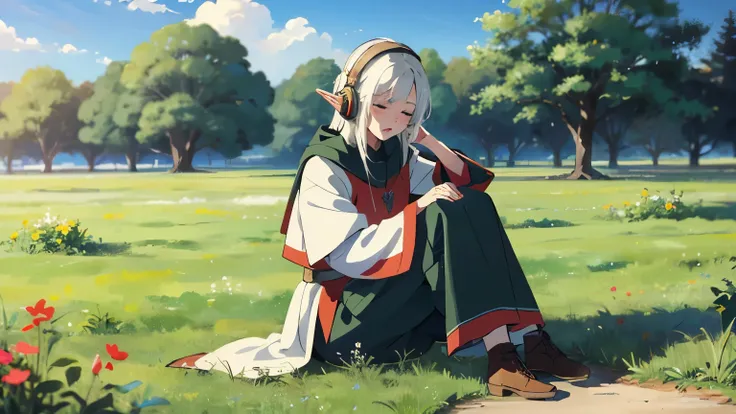 lo-fi, elf girl with white hair wearing headphone,sitting on ground, in medieval vast green hill field, closed eyes