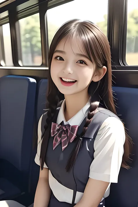 (highest quality, masterpiece, high resolution:1.2), 4K, (Photo quality detailed cute face: 1.4), (Giorgione painting style: 0.8), geometry, (14 yo cute girly Japanese girls are seated and looking ME up in a train: 1.4), (The train seats are made from the ...