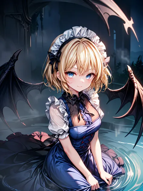 1girl, {{{{in the river (Touhou)}}}}, yellow eyes, blonde hair, short hair, blue dress, maid headdress, maid,((The most evil)),((A dreamy and fantastical world)),(((Surrounded by a dark aura))),((Fearless smile)),((Polite)),((Beautiful Eyes)),((Angle viewe...