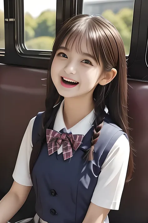 (highest quality, masterpiece, high resolution:1.2), 4K, (Photo quality detailed cute face: 1.4), (Giorgione painting style: 0.8), geometry, (14 yo cute girly Japanese girls are seated and looking ME up in a train: 1.4), (The train seats are made from the...