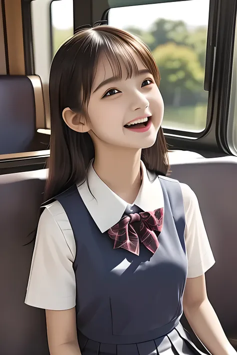 (highest quality, masterpiece, high resolution:1.2), 4K, (Photo quality detailed cute face: 1.4), (Giorgione painting style: 0.8), geometry, (14 yo cute girly Japanese girls are seated and looking ME up in a train: 1.4), (The train seats are made from the...