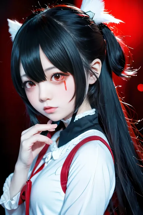 Yandere and slightly horror girl kawaii anime anime art anime style girl with red tear bags big tear bags puffy eyes anime digital art beautiful girl cute but a little mentally ill 8K high quality background ruins angle from below 