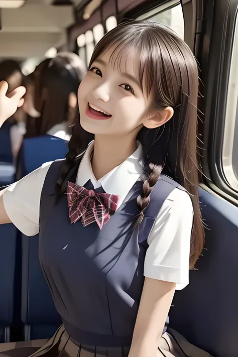 (highest quality, masterpiece, high resolution:1.2), 4K, (Photo quality detailed cute face: 1.4), (Giorgione painting style: 0.8), geometry, (14 yo cute girly Japanese girls are seated and looking ME up in a train: 1.4), (The train seats are made from the...