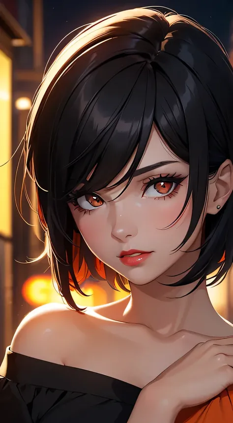 Amazing portrait of a woman who is 30 years old and an adult and a sexy woman with short black hair wearing an oversized off shoulder orange t shirt during night time with soft lighting showcasing her red lips and her beautiful face in detail and close up 