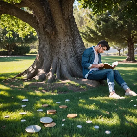 Design an image of a person reading a book under a tree, with coins and books scattered around, representing personal growth and investment.