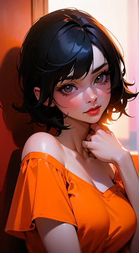 Amazing portrait of a woman who is 30 years old and an adult and a sexy woman with short black hair wearing an oversized off shoulder orange t shirt during night time with soft lighting showcasing her red lips and her beautiful face in detail and close up 