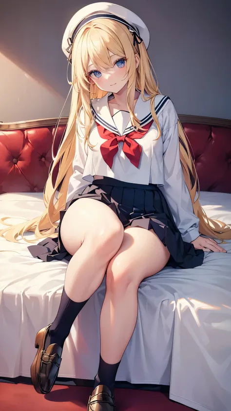 A woman with long blonde hair is sitting cross-legged on her bed　(Highest quality:1.2, 4K, 8k, Studio Anime, Very detailed, up to date, Vibrant, Attention to detail, High Contrast, masterpiece:1.2, Highest quality, Best aesthetics), (((1 girl))), Sit and p...