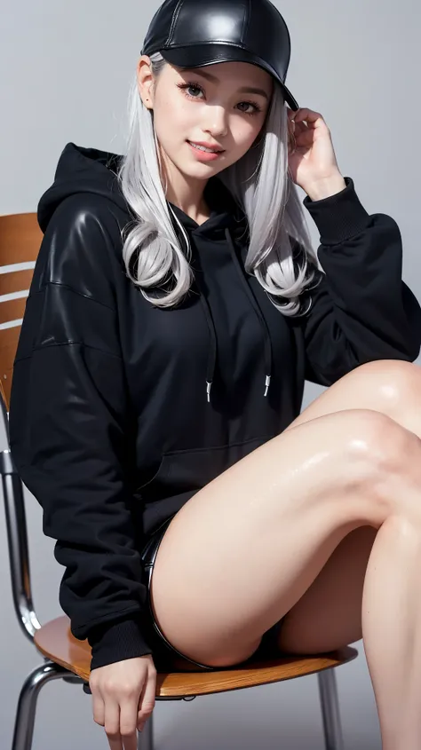 Realistic, masterpiece, Highest quality, Highest Resolution, Anatomically correct, Accurate Anatomy, (Gray blank background:1.3), (1girl:1.3), 20-year-old, Height: 165cm, Shot from thigh up, (Thick thighs:1.2), (Long Hair, Straight Hair, Silver Hair:1.3), ...