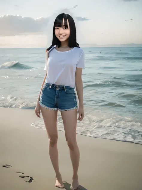 masterpiece,Highest quality(8k),Highest quality,masterpiece:1.2)、(Real、Photorealistic:1.37),Super detailed,A woman looking at the camera on the beach at Enoshima,Wearing a white T-shirt,Long black denim shorts,barefoot,barefoot,Posing for a photo,Distant s...