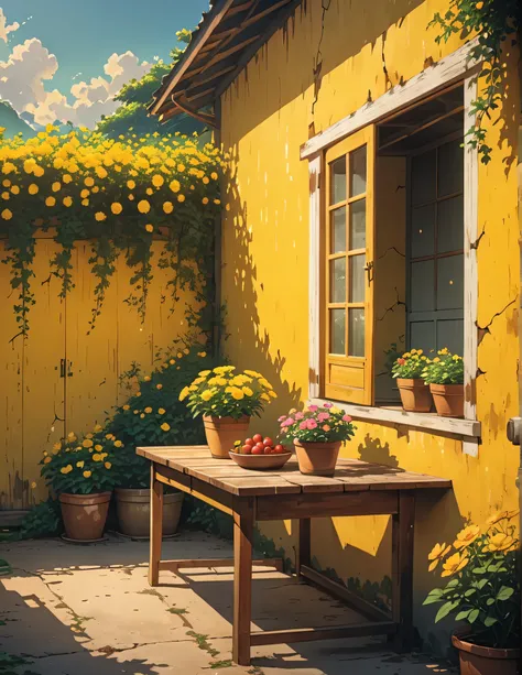 wide view, a worn off yellow big wall, white wooden dining setup in front, outdoors, sunlight falling through, shade, shed, yellow flowers pot on table, bushes, cracks, scribbing on the wall, vibrant color tones, ghibli style, no humans, scenery, masterpie...