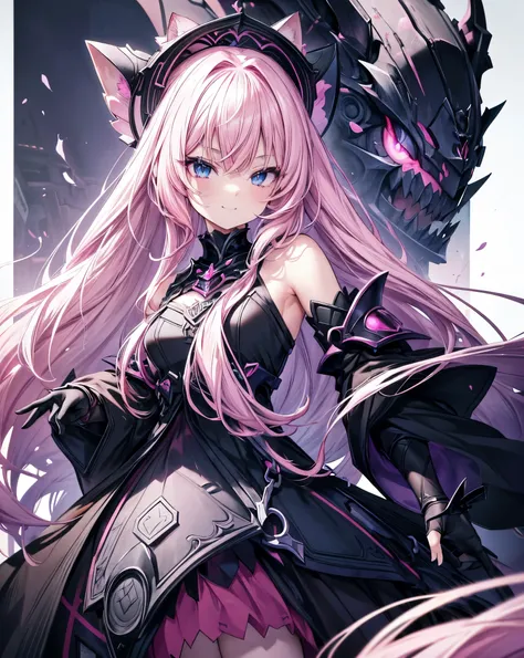 Eyes macro, masterpiece, 1nekogirl, pink_and_white_cat_ears, limited palette, long Straight pink hair, detailed anime blue eyes.  She wear a black intricate war armour, Pink and black cloak . She has bare shoulders. Dragon armour. Portrait zoomed on eyes. ...