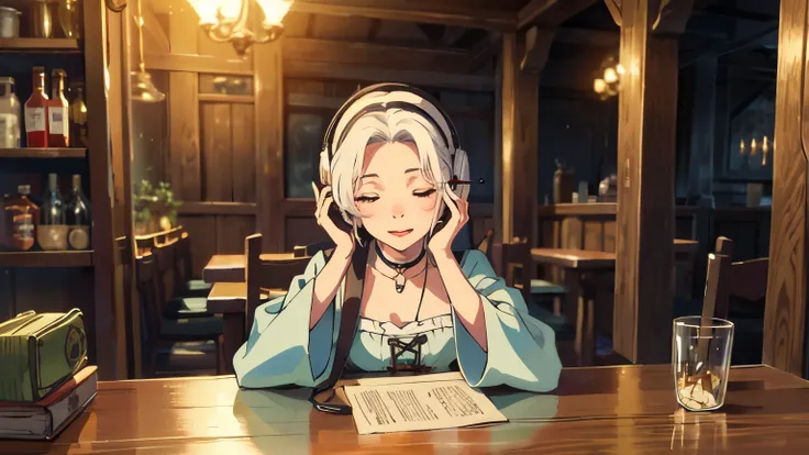 lo-fi, elf girl with white hair wearing headphone,in medieval tavern, wearing medieval dress, closed eyes