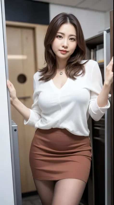 ((Highest quality、8k、masterpiece:1.3))、Realistic, Sharp focus, High resolution, High resolution, Portraiture, alone, Japanese, Middle-aged women, Beautiful woman, sexy, (suit, Tight Skirt:1.3),  pantyhose, 43 years old, Plump, Bob Hair, Wrinkles around the...