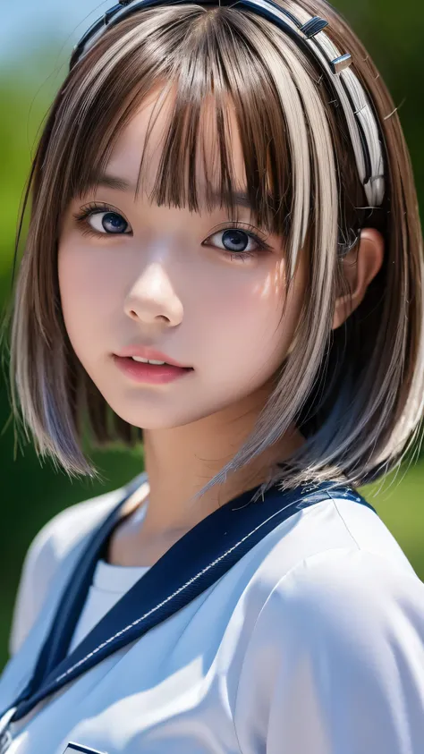 ((masterpiece, Highest quality, High resolution)), 1 Japanese girl, (Realistic: 1.4), excited、Great face,Glossy lips、15 years old, Silver Hair、Silver Hair、short hair, Silver Hair、(Beautiful Hair:1.5), Sailor suit, school uniform、beach、Staring、Angle from th...