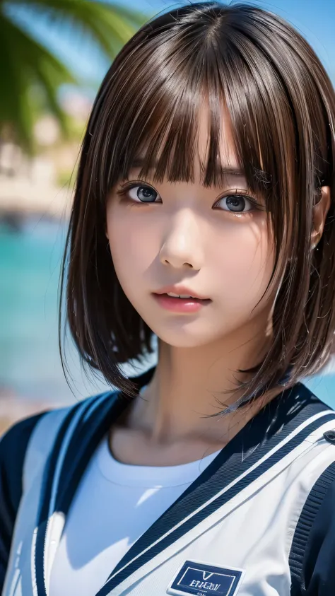 ((masterpiece, Highest quality, High resolution)), 1 Japanese girl, (Realistic: 1.4), excited、Great face,Glossy lips、15 years old, Silver Hair、Silver Hair、short hair, Silver Hair、(Beautiful Hair:1.5), Sailor suit, school uniform、beach、Staring、Angle from th...