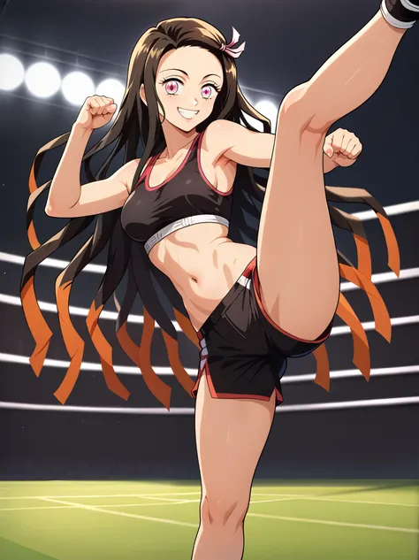 score_9, score_8_up, score_7_up, nsfw, (Demon Slayer, kimetsu no yaiba style), nezuko kamado, (1girl, solo), (black long hair, straight hair:1.1), brown eyes, (looking at viewer, evil smile), (black sports bra, black crop top), (bare abdomen, navel), black...