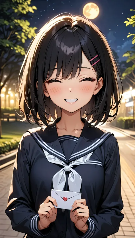 Commemorative photo of girls, 1 girl, Black Hair, Shortcuts, Hair Clip, 17-year-old girl, School uniforms, Sailor suit, (((Night Park, Big moon background:1.4))), blush:1.2, By letter:1.4, Close your eyes and smile, ((Open your mouth a little, Important co...