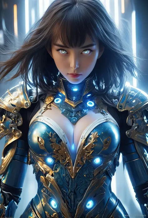 (Best Quality, 4K, 8K, High Resolution, Masterpiece: 1.2), (Super Detailed, Realistic, Photorealistic:1.37), A woman in futuristic clothing, Trending on cgstation, Trending on cgstation, (Portrait of a girl in the Knights of the Zodiac:1.4), blunt bangs, C...