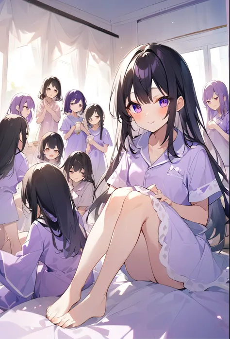 Keito。Purple pajamas。Purple Eyes。Black Hair。barefoot。7 Sisters。Both of them have light purple hair.。all female。Seven siblings。Purple bed。Seven people