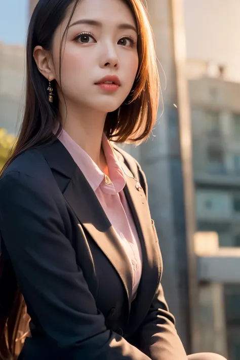 masterpiece, Bokeh, (Beautiful Face), (Detailed face), (Perfect hands), (Japanese Idols:1.6), (business suit:1.3), (Ultra-realistic pantyhose:1.3), (Sit at the top of the tower:1.3),( Balcony of a high-rise apartment building:1.3), (Blushed:1.3), High heel...