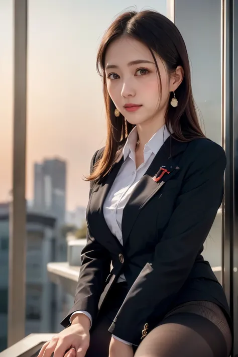 masterpiece, Bokeh, (Beautiful Face), (Detailed face), (Perfect hands), (Japanese Idols:1.6), (business suit:1.3), (Ultra-realistic pantyhose:1.3), (Sit at the top of the tower:1.3),( Balcony of a high-rise apartment building:1.3), (Blushed:1.3), High heel...