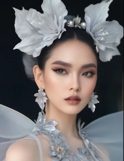 One was wearing a silver dress、Close-up of woman with flowers in hair, Big earrings and queer make up, Ethereal beauty, Fairy eyes, Giant earrings, Exquisite and sexy makeup, 2020 fashion, Big earrings, Big earrings, Fairy Tale Core, Ethereal!!! Surrealism...