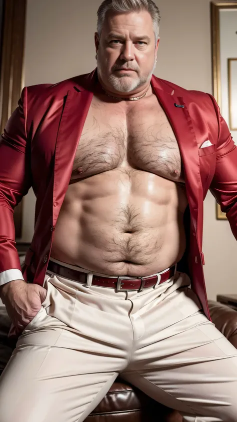 (best quality,4k,8k,highres,masterpiece:1.2), age 60, white man, horny disgusting, muscular chubby, kind, opened suit and red silk shirt show off his chest, mature daddy, Dress Pants with big bulge, hairy chest hard nipple, belt, loafer,