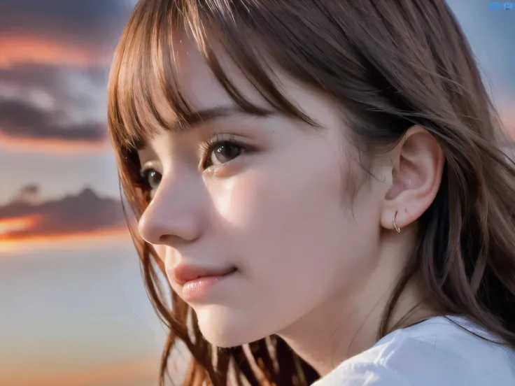 (close up face shot of slender small-breasted red brown wavy long hair with dull bangs girl wearing a white t-shirt:1.5)、(one gi...