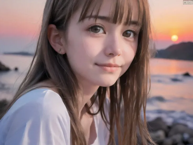 (Close up face shot of slender small-breasted half up blonde long hair with bangs girl wearing a white T-shirt only:1.5)、(One blonde hair girl is looking back and lonely little smile with tears  on the coast in Japan:1.5)、(Beautiful after sunset red sky wi...