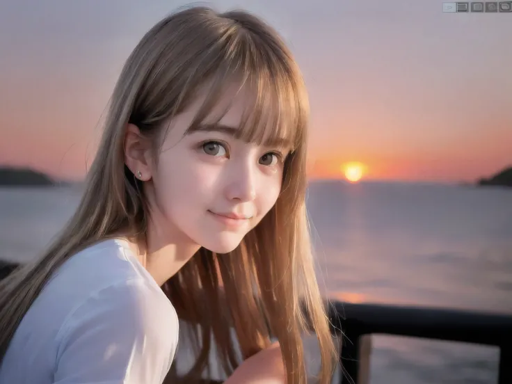 (Close up face shot of slender small-breasted half up blonde long hair with bangs girl wearing a white T-shirt only:1.5)、(One blonde hair girl is looking back and lonely little smile with tears  on the coast in Japan:1.5)、(Beautiful after sunset red sky wi...