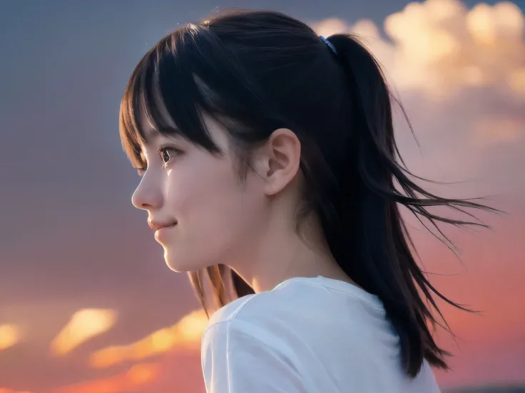 (Close up profile shot of slender small-breasted two side up black medium hair with bangs girl wearing a white T-shirt only:1.5)、(One girl is looking back and  lonely little smile with tears on the coast in Japan:1.5)、(Beautiful after sunset red sky with r...