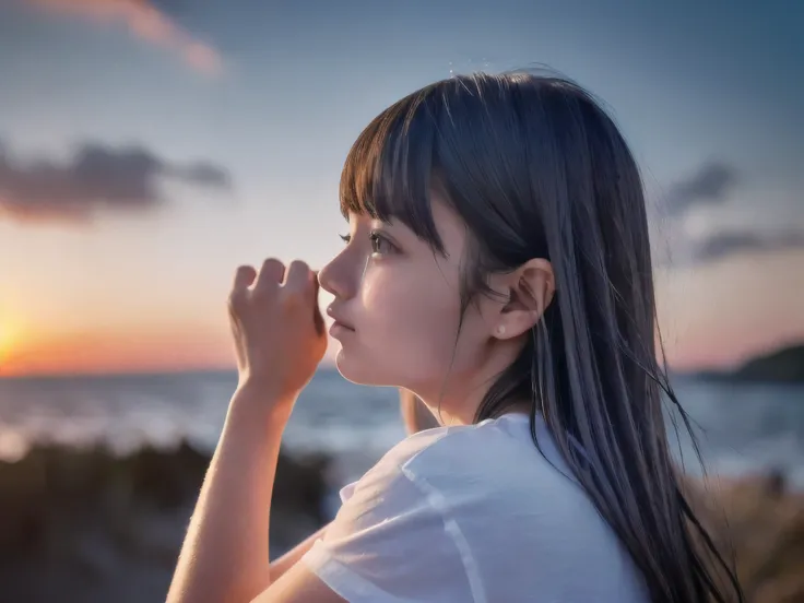 (Close up profile shot of slender small-breasted dark silver long hair with swept bangs girl wearing a white T-shirt only:1.5)、(One girl is looking back and lonely little smile with tears on the coast in Japan:1.5)、(Beautiful after sunset red sky with big ...