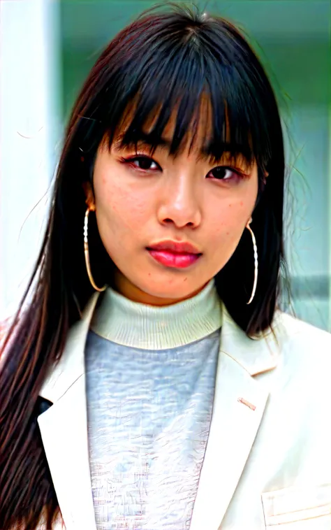 beautiful young asian woman, mid-length dark hair, Shoulder Length Hair with Bangs, subtle makeup, natural look, pensive expression, side glance, white turtleneck shirt, jacket, simple silver hoop earring, (film grain:0.5), dynamic lighting, intricate, (sk...