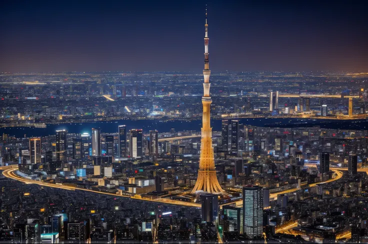 beautiful night view of tokyo、the tokyo skytree towers in the center、the glitter of densely packed buildings and apartment build...