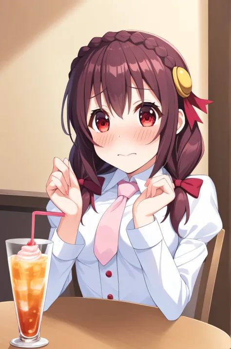 alone, One girl, Yunyun, (Embarrassed look:1.5)、 (blush:1.5)、Crown braids of the same color as your hair, Red Eyes、hair ornaments, Hair Ribbon, Pink tie, White dress,  Cafe、A large drink with two heart-shaped straws on a table