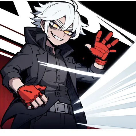 boy, ((( evil smile))) happy facial expression ((( Black jacke))), ((( short branco))), ((( White hair))), (((Eyes red))) psychopath, waving hands