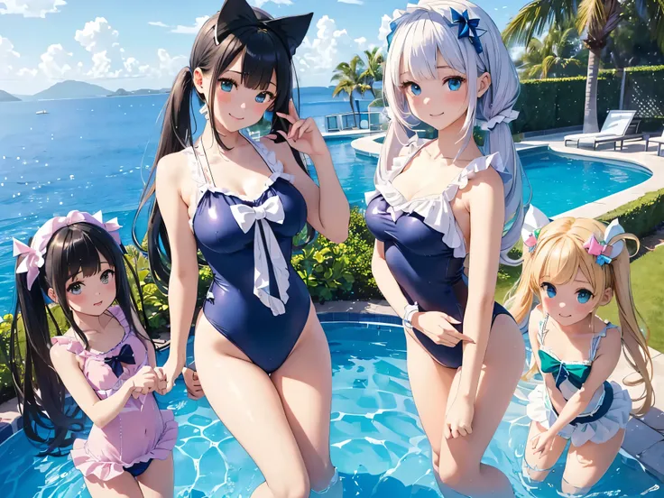 ((masterpiece)), ((Highest quality、Ultra-high resolution)), (Very detailed),8k、Photo quality、((Amazingly cute girl)),16-year-old girl)), Two people, , (Beautiful emerald blue eyes), ((smile、Small breasts)),In the open-air bath overlooking the sea, Beautifu...