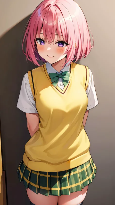 8k,Highest,quality,(highest quality:1.1), (masterpiece:1.4), (Confused:1.0), 
1 girl, Deviluke Type, hair ornaments, Bobcut, Short Hair Pink Hair, Purple eyes, Mid-chest, green skirt, Plaid, Plaid skirt, Sainan High School uniform, skirt, Sweater vest, Kne...