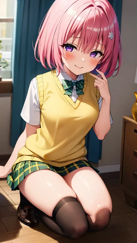 8k,Highest,quality,(highest quality:1.1), (masterpiece:1.4), (Confused:1.0), 
1 girl, Deviluke Type, hair ornaments, Bobcut, Short Hair Pink Hair, Purple eyes, Mid-chest, green skirt, Plaid, Plaid skirt, Sainan High School uniform, skirt, Sweater vest, Kne...