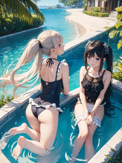 ((masterpiece)), ((Highest quality、Ultra-high resolution)), (Very detailed),8k、Photo quality、((Amazingly cute girl)),16-year-old girl)), Two people, , (Beautiful emerald blue eyes), ((smile、Small breasts)),In the open-air bath overlooking the sea, Beautifu...