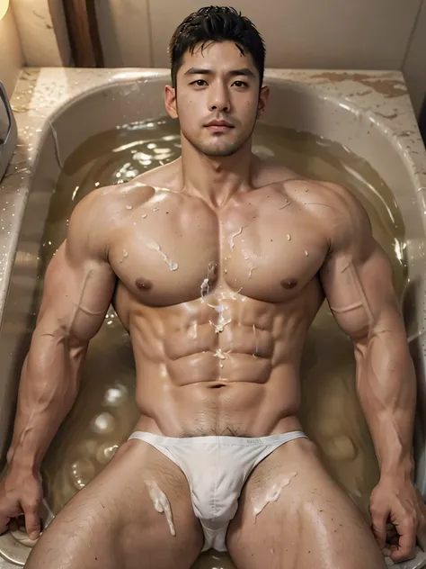 (((short hair)))，Short hair，Two bits(((40 years old Japanese handsome muscular bodybuilder with stubble lying in bathtub))), blush，(((Painful expression)))，Sweaty，very handsome, Perfect facial features, No clothes, Armpit Hair, Pure black background, Fit b...