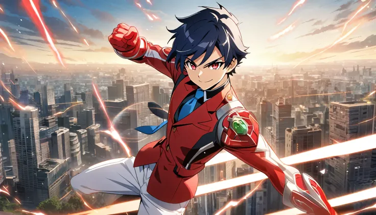 Anime style,boy,male,Dark blue hair,Red eye,Red school outfit ,white pants,blue tie,Henshin Pose(Kamen rider), City Background, Best Match, Illustration,Smile,HD, day