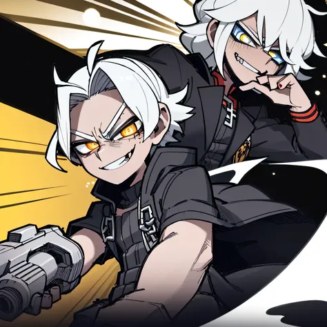 boy, ((( evil smile))) happy facial expression ((( Black jacke))), ((( short branco))), ((( White hair))), (((Eyes red))) psychopath, holding a pistol