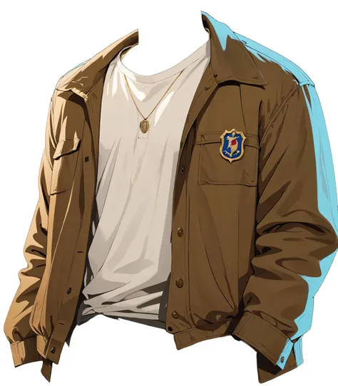 beautiful illustration, ultra-detailed, masterpiece, white shirt, confident pose, european handsome man, oversized jeans, oversized brown jacket, light brown hair, half turned pose, detective emblem on jacket