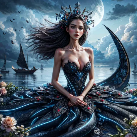 (Extreme HDR) (brightness FX) Photo of an asian woman gigantic Breast white skin with long hair flowing in the wind, wearing a black batik patterned costume, a V-cut strapless corset style batik dress made of carbon patterned satin, a very narrow and stiff...